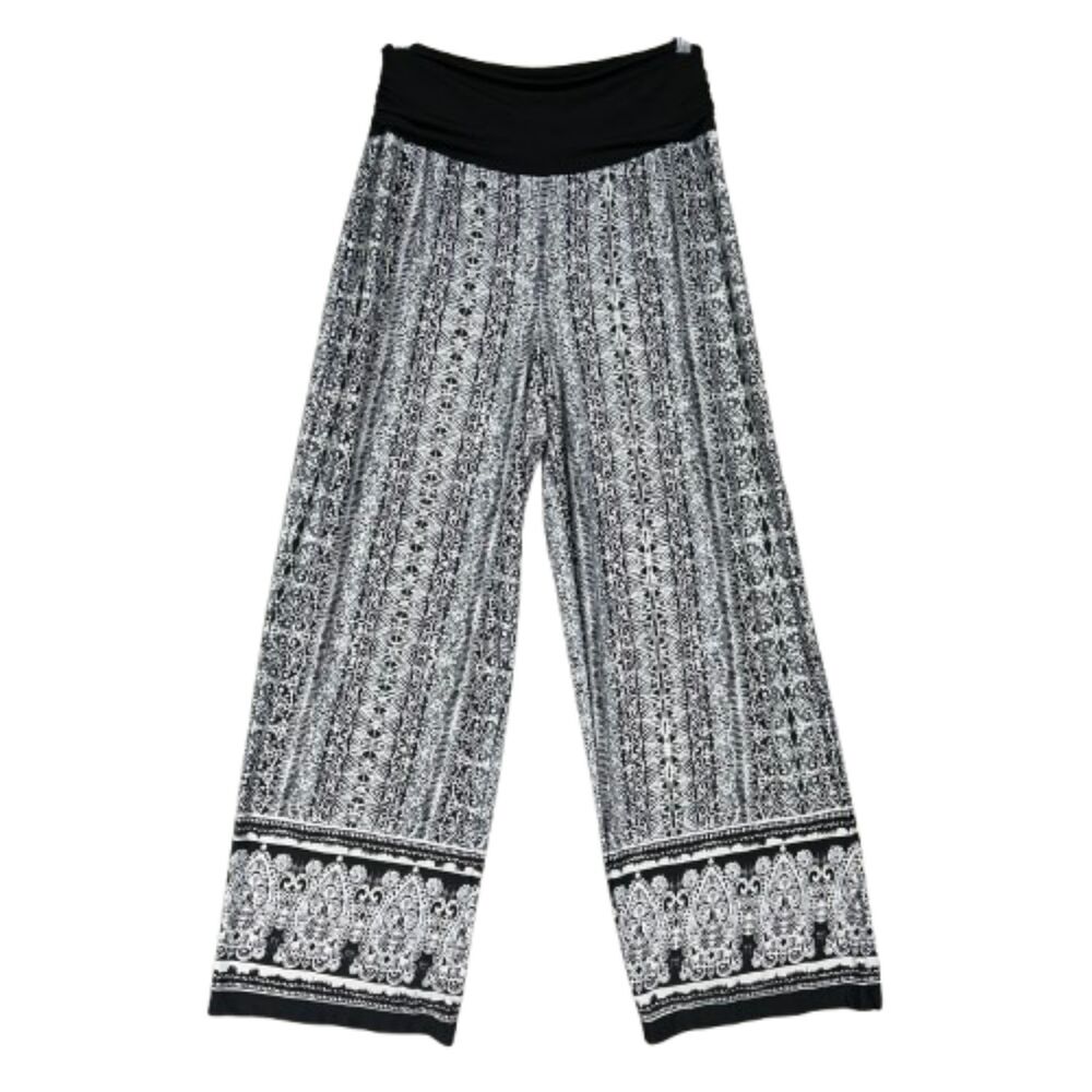APT.9 Boho Wide Leg Pull On Geometric Pant Sz L Black White